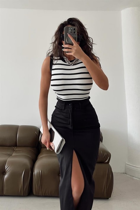 Degrade Çizgili Crop Top Siyah-Beyaz