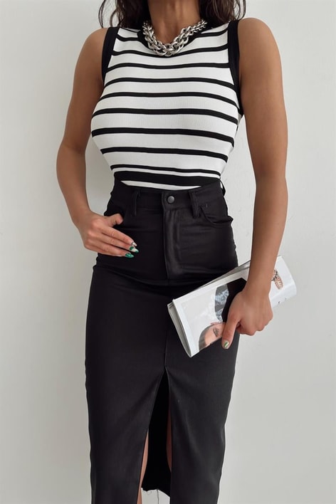 Degrade Çizgili Crop Top Siyah-Beyaz