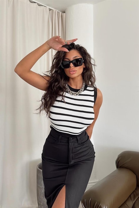 Degrade Çizgili Crop Top Siyah-Beyaz