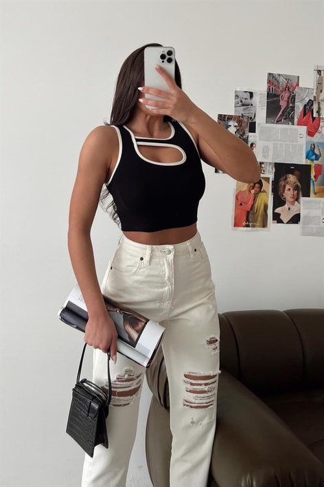 Duo Cut Out Crop Top Siyah