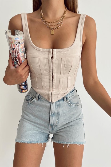 Gizli Fermuar Korse Top Bej