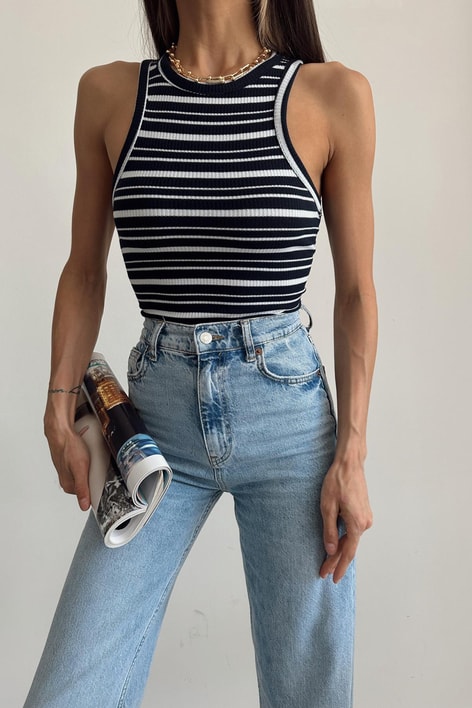 Halter Yaka Çizgili Bluz Lacivert