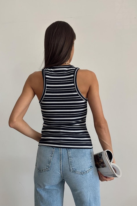 Halter Yaka Çizgili Bluz Lacivert