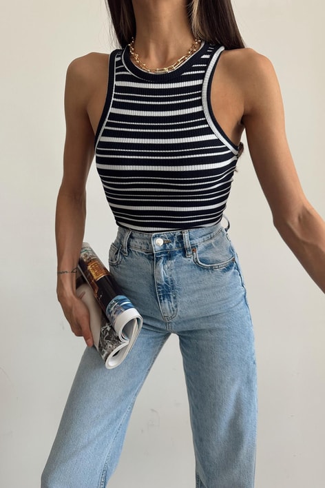 Halter Yaka Çizgili Bluz Lacivert