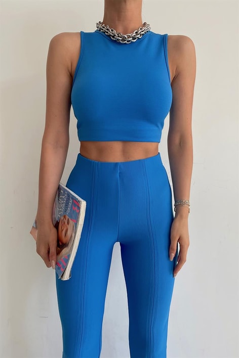 Halter Yaka Top Saks Mavisi