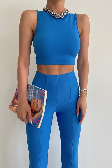 Halter Yaka Top Saks Mavisi