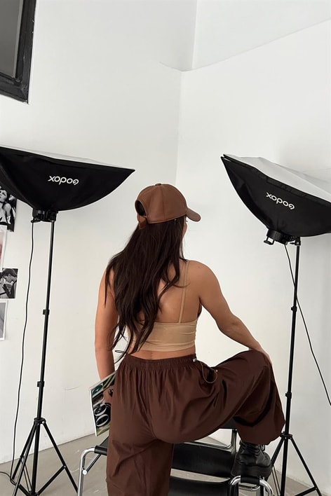 İp Askılı V Crop Top Bej