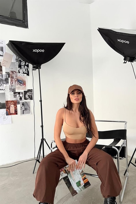 İp Askılı V Crop Top Bej