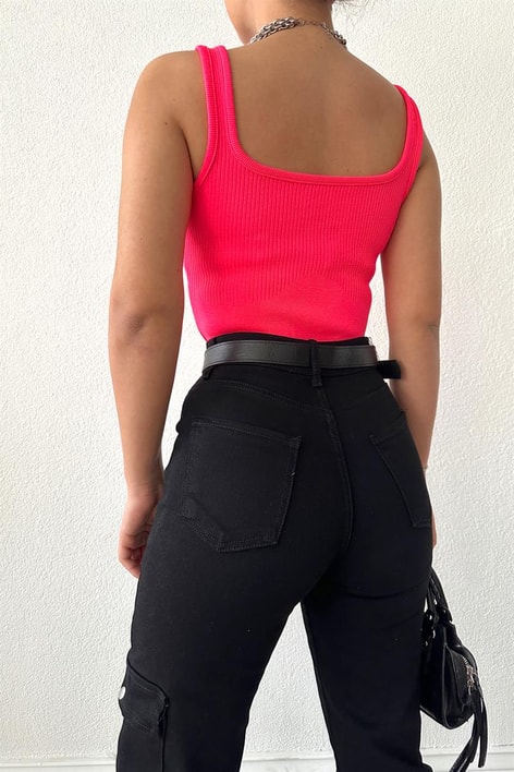 Kalın Askılı Crop Top Fuşya
