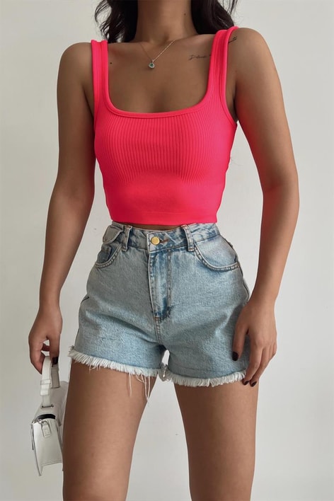 Kalın Askılı Crop Top Fuşya