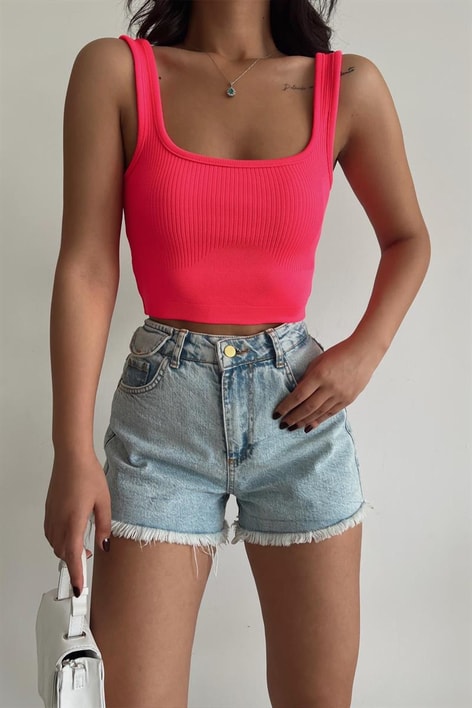 Kalın Askılı Crop Top Fuşya