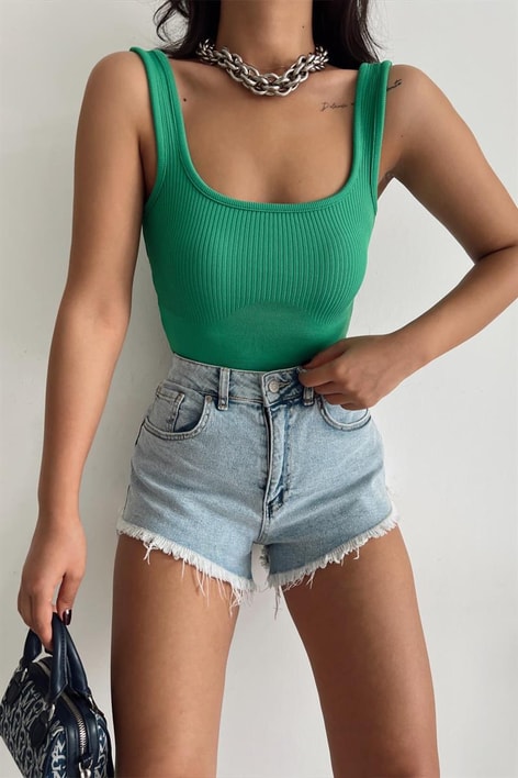 Kalın Askılı Crop Top Yeşil