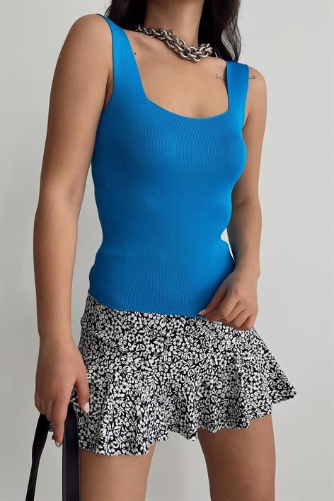 Kalın Askılı Oval Yaka Top Mavi