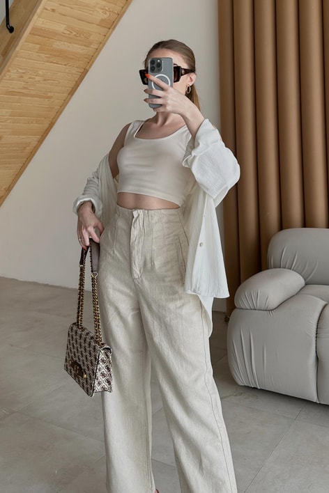 Kalın Askılı Yuvarlak Yaka Top Bej