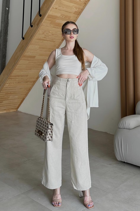 Kalın Askılı Yuvarlak Yaka Top Bej