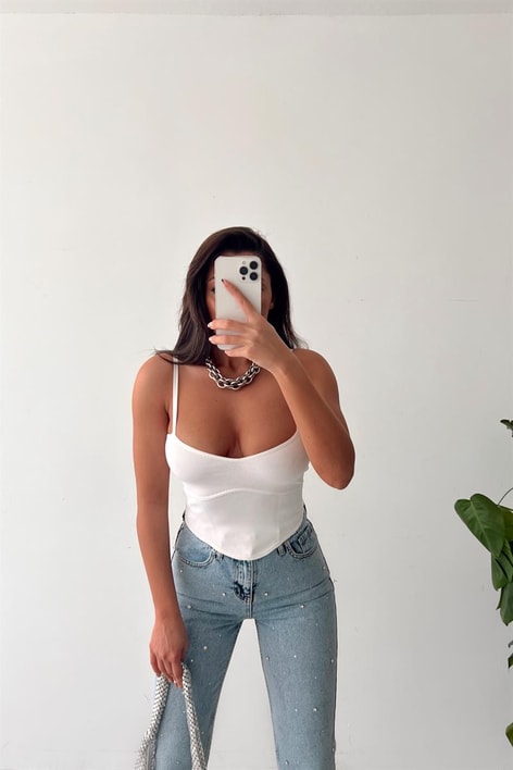 Korsaj Baretli Crop Top Beyaz