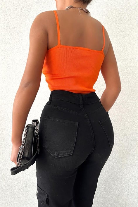 Korsaj Baretli Crop Top Turuncu
