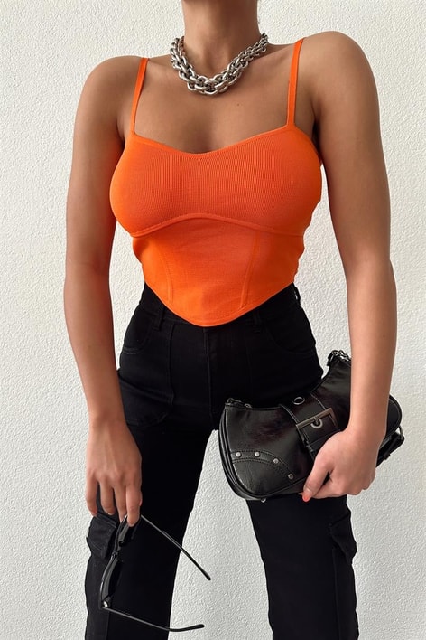 Korsaj Baretli Crop Top Turuncu
