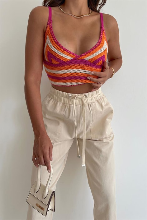 Kroşe Örme Şeritli Crop Top Oranj