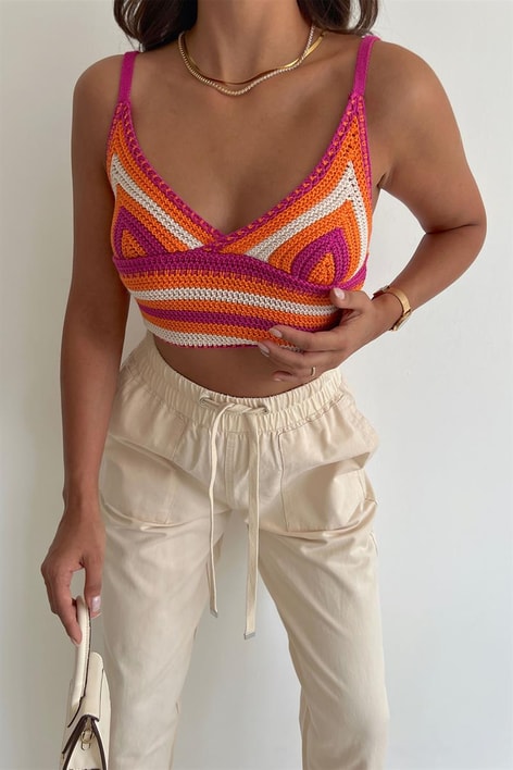 Kroşe Örme Şeritli Crop Top Oranj