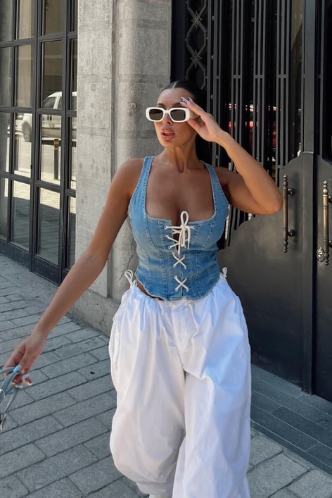 Ön Bağcıklı Denim Top Mavi