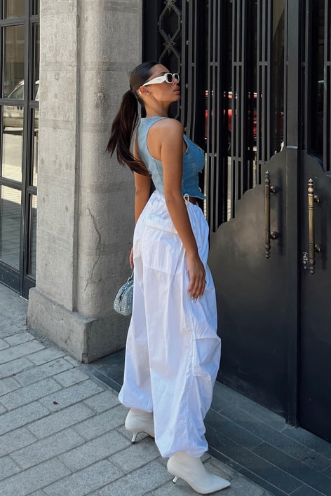 Ön Bağcıklı Denim Top Mavi