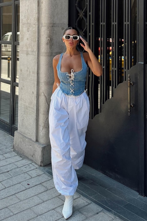 Ön Bağcıklı Denim Top Mavi