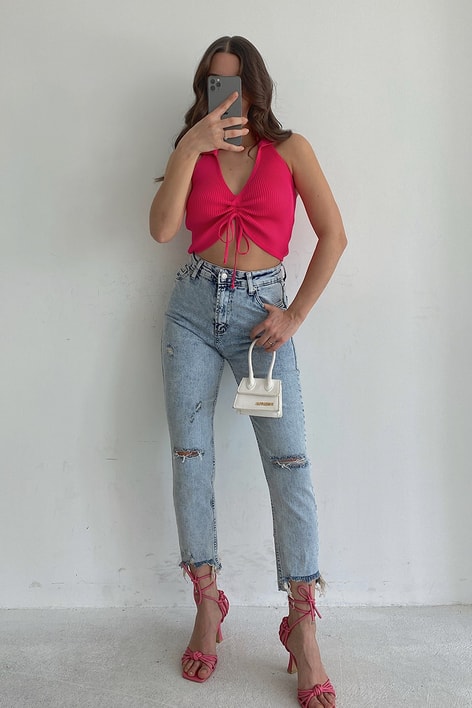Ön Büzgülü Triko Top Pembe