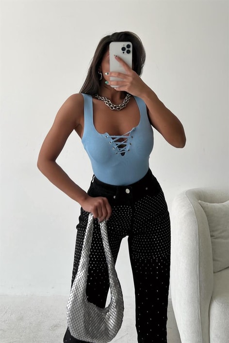 Önü Bağcıklı Basic Top Bebe Mavi