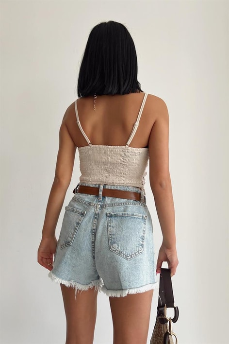 Örme Etnik Crop Top Bej