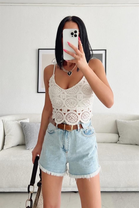 Örme Etnik Crop Top Bej