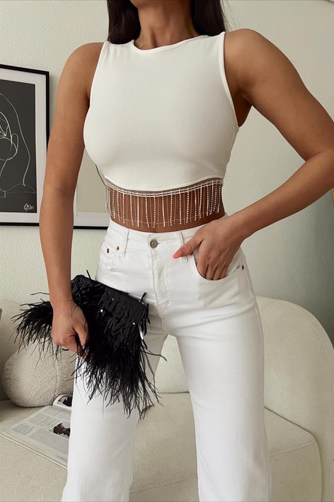 Su Yolu Taşlı Crop Top Beyaz