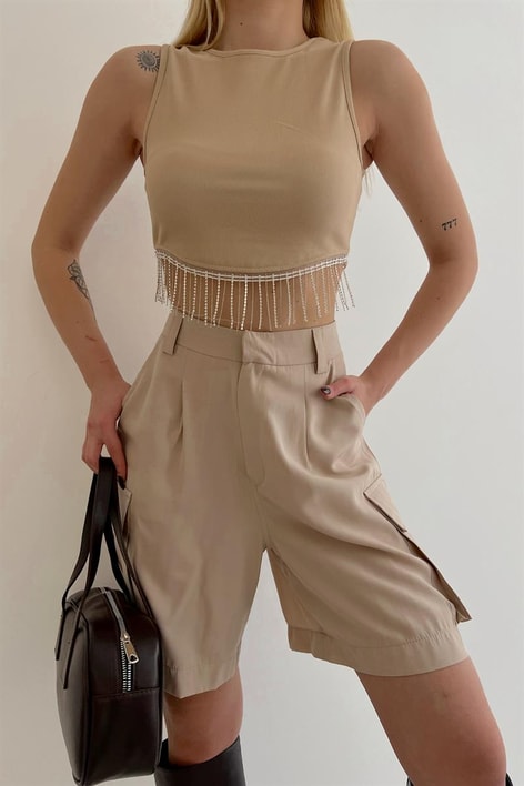 Su Yolu Taşlı Crop Top Taş