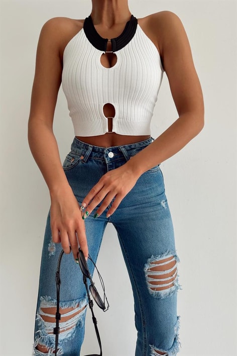 Trendy Duo Şeritli Crop Top Beyaz