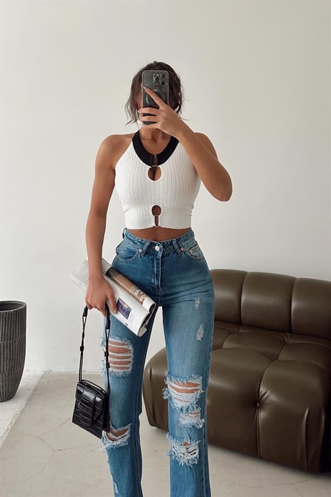 Trendy Duo Şeritli Crop Top Beyaz