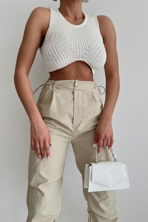 Triko Örme V Kesim Crop Top Krem