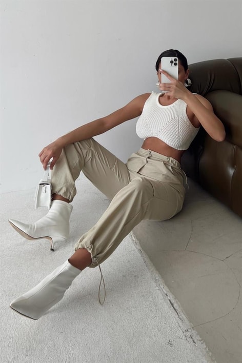 Triko Örme V Kesim Crop Top Krem