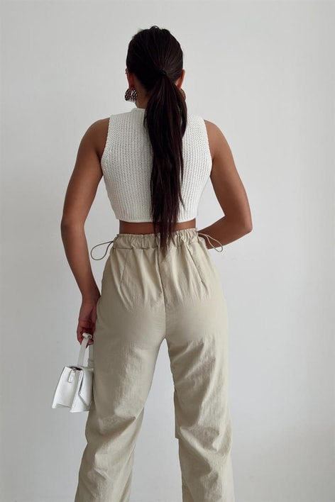 Triko Örme V Kesim Crop Top Krem