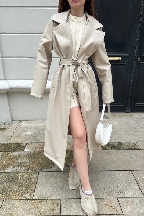 Bağlamalı Deri Trençkot Taş