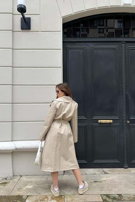 Bağlamalı Deri Trençkot Taş