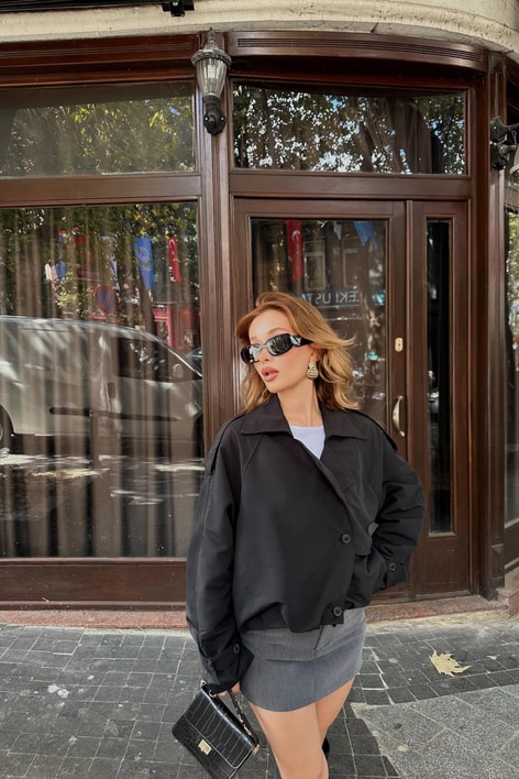 Balon Kısa Trench Siyah