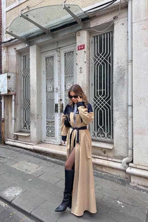 Denim Detaylı Maxi Trench Bej