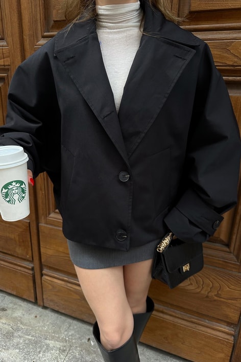 Düğmeli Kısa Trenchcoat Siyah