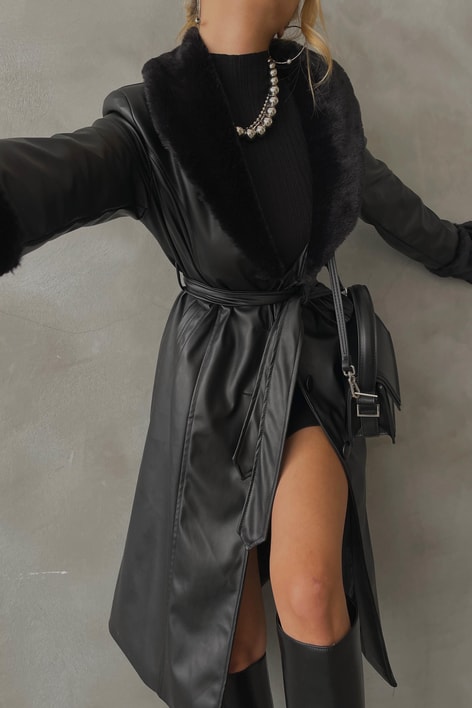 Kürk Detay Premium Deri Trenç Siyah