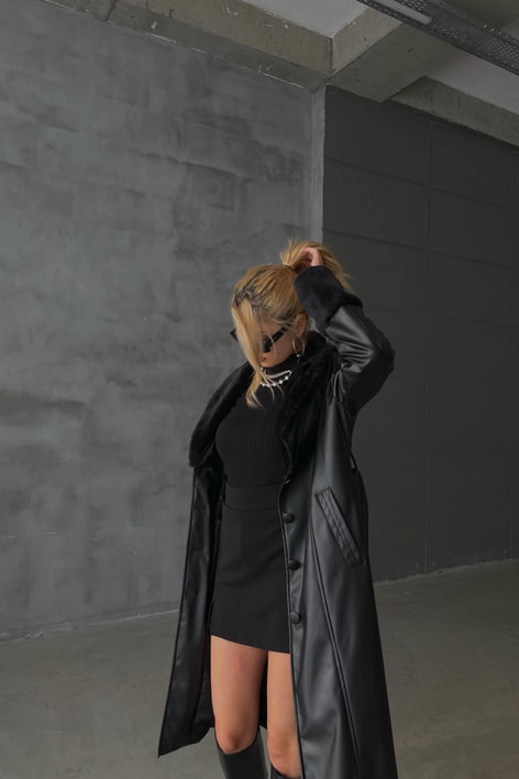 Kürk Detay Premium Deri Trenç Siyah