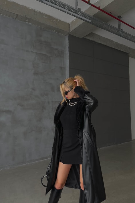 Kürk Detay Premium Deri Trenç Siyah