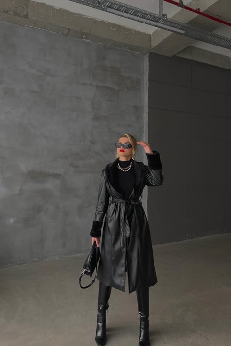 Kürk Detay Premium Deri Trenç Siyah