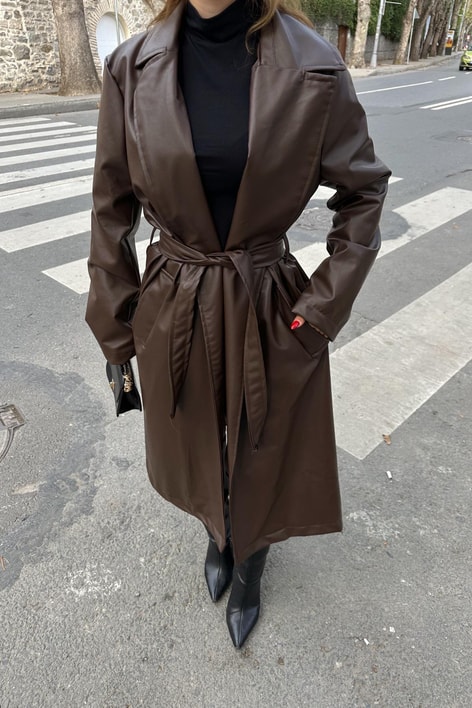 Kuşaklı Deri Trenchcoat Kahve
