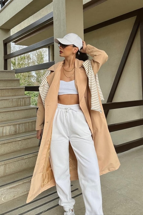 Omuz Apoletli Kruvaze Kemerli Trençkot Camel