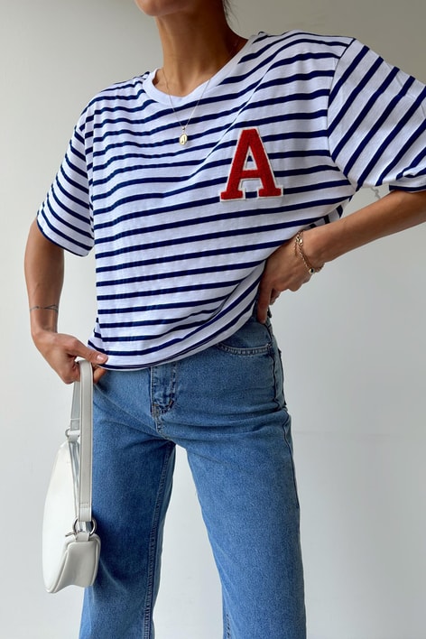 A Nakışlı Çizgili Crop Tişört Lacivert